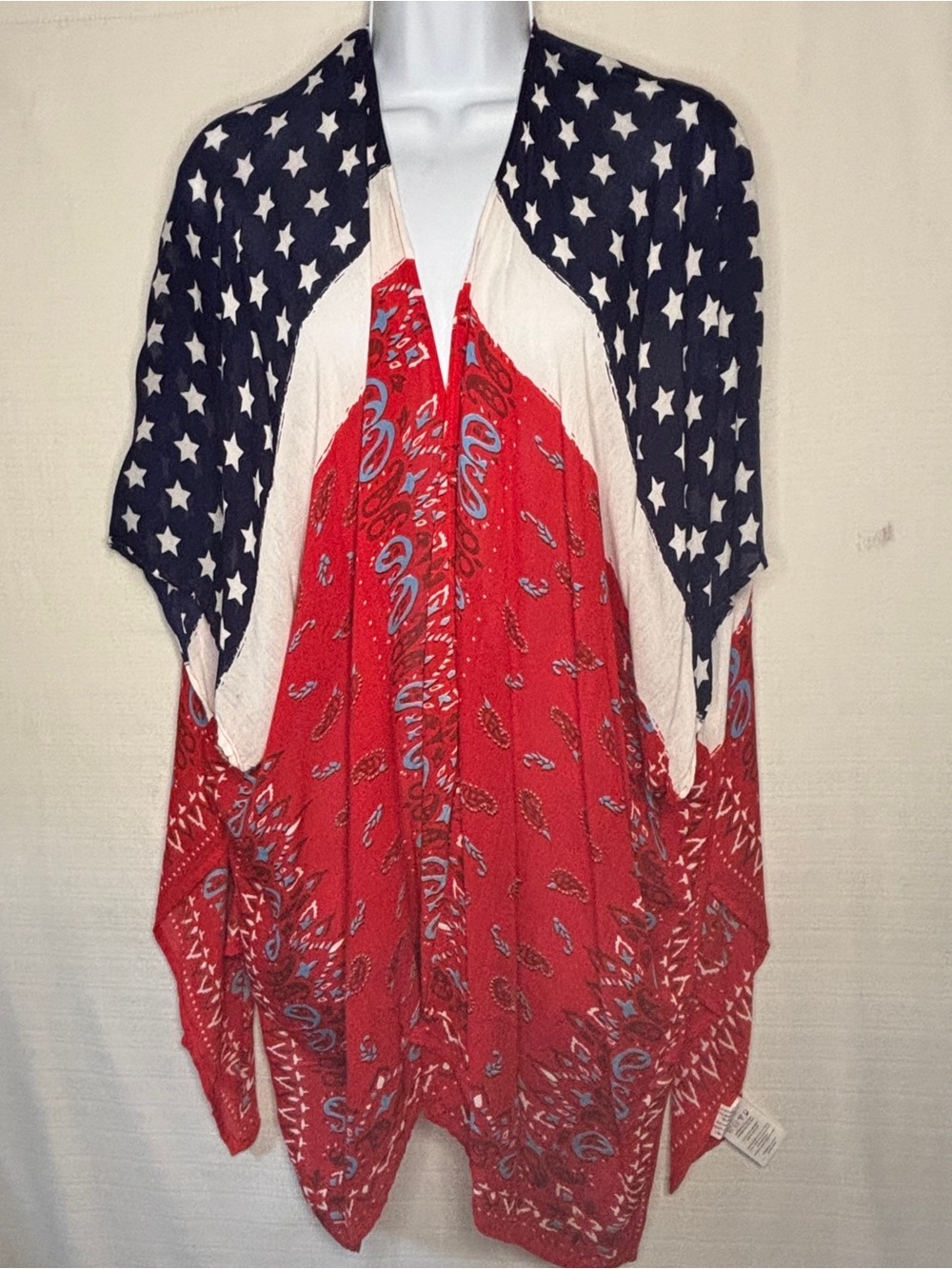 Natural Reflections Patriotic American Flag Paisley Ruana Kimono July 4Th Cape